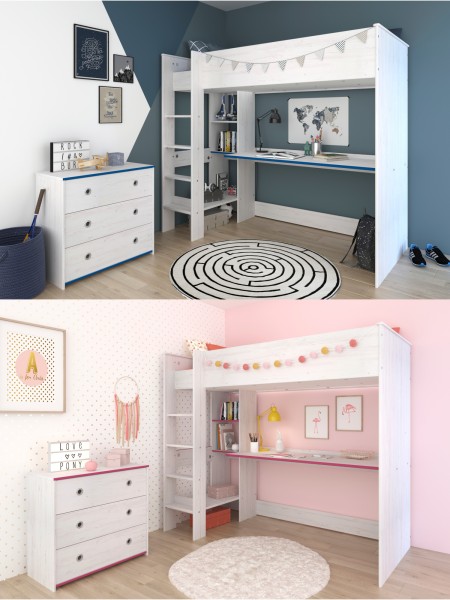 Jugendzimmer Smoozy 29 von Parisot 2 teilig Komplett Set in Kiefer Weiß mit Rosa ODER Blau - Jugendzimmer Kinderzimmer Möbel Teenagerzimmer