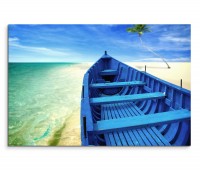 120x80cm Wandbild Meer Strand Palme Holzboot Sommer