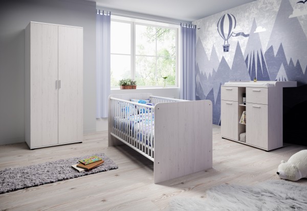 Babyzimmer Bobi 4 teilig Komplett Set in Anderson Pine mit Kleiderschrank, Babybett und Bettumbauseiten, Wickelkommode - Kinderzimmer Möbel Teenager Zimmer Jungs und Mädchen