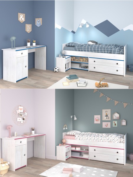 Jugendzimmer Smoozy 27 von Parisot 3 teilig Komplett Set in Kiefer Weiß mit Rosa ODER Blau - Jugendzimmer Kinderzimmer Möbel Teenagerzimmer