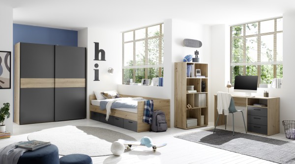 Jugendzimmer Liam in Artisan Eiche und Graphit 4 teiliges Kinderzimmer Komplett Set mit Schwebetürenschrank, inklusive Türdämpfung, Jugendbett, Schreibtisch und Standregal