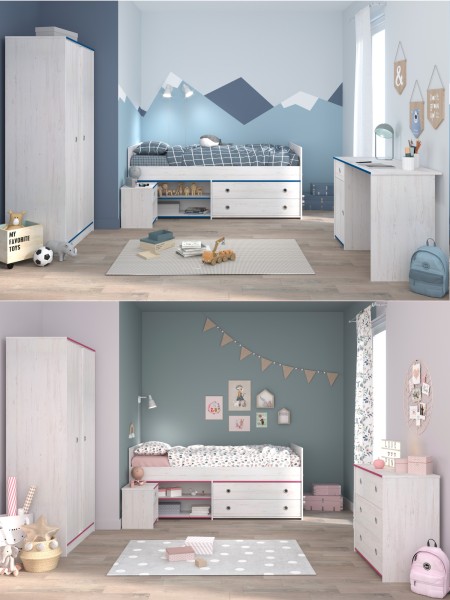 Jugendzimmer Smoozy 26 von Parisot 4 teilig Komplett Set in Kiefer Weiß mit Rosa ODER Blau - Jugendzimmer Kinderzimmer Möbel Teenagerzimm