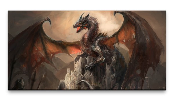 Bilder XXL Drache auf Burg 50x100cm Wandbild auf Leinwand