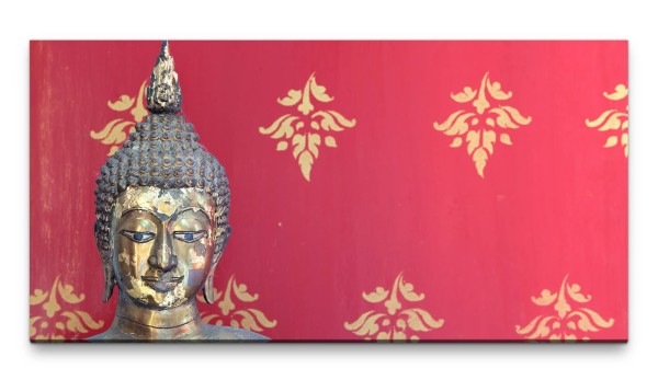 Bilder XXL Buddhafigur vor roter Wand 50x100cm Wandbild auf Leinwand