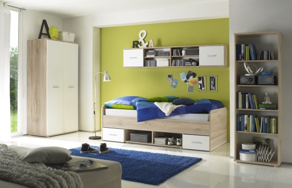 Jugendzimmer Nanu 4-teilig Komplett Set in Eiche San Remo und Weiß mit Kleiderschrank, Jugendbett, Standregal und Hängeregal - Jugendzimmer Kinderzimmer Möbel Teenagerzimmer