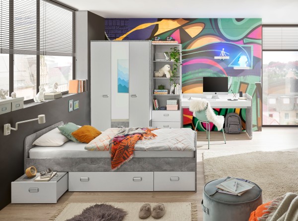 Jugendzimmer Matino in Beton hell und Weiß 4 teiliges Kinderzimmer Komplett Set mit Kleiderschrank, Jugendbett, Schreibtisch und Standregal - Kinderzimmer Möbel Teenager Zimmer