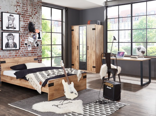 Jugendzimmer Liverpool 3 teiliges Komplett Set in Plankeneiche und Graphit mit Kleiderschrank, Jugendbett 120cm breit und Schreibtisch - Kinderzimmer Möbel Teenager Zimmer Jungs und Mädchen