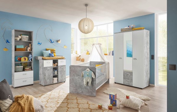 Babyzimmer Matino 6 teilig Komplett Set in Beton hell und Weiß mit Kleiderschrank, Babybett, Lattenrost und Bettumbauseiten, Wickelkommode, Standregal - Kinderzimmer, Baby Möbel