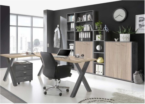 Büromöbel Mister Office in Graphit Eiche Sägerau 6 teiliges Komplett Set mit Eckschreibtisch Schreibtisch Rollcontainer Schreibtisch Rollcontainer Aktenschränke Aktenregale Büroschränke Büroeinrichtung Büro Möbel