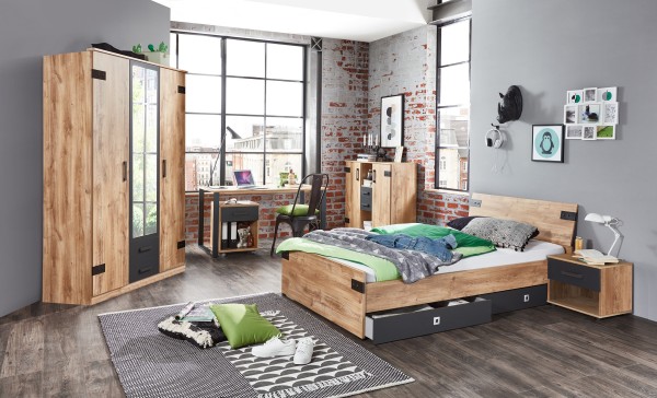 Jugendzimmer Liverpool von Wimex 7 teilig in Plankeneiche und Graphit mit Drehtürenschrank Komplett Set mit Schrank, Bett mit Schubkästen, Nachttisch, Schreibtisch mit Rollcontainer, Kommode - Kinderzimmer Möbel Teenager Zimmer