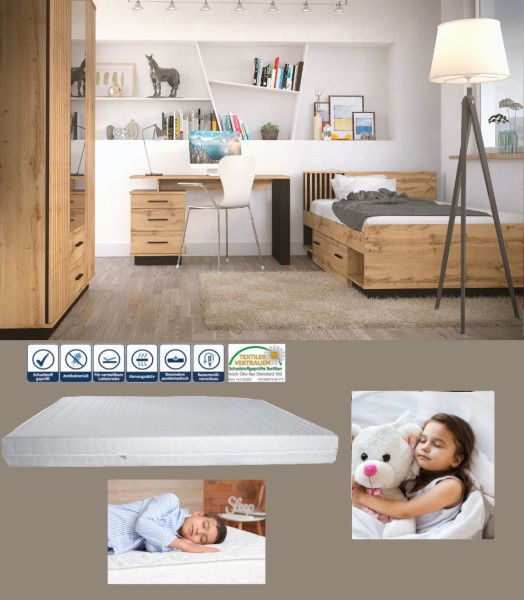 Jugendzimmer Lamelo 4 teiliges Komplett Set in Eiche Wotan und Schwarz matt mit Matratze - Jugendzimmer Kinderzimmer Möbel Teenagerzimmer