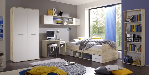 Jugendzimmer Nanu 5-teilig Komplett Set in Eiche San Remo und Weiß mit Kleiderschrank, Jugendbett, Schreibtisch, Standregal und Wandregal - Jugendzimmer Kinderzimmer Möbel Teenagerzimm