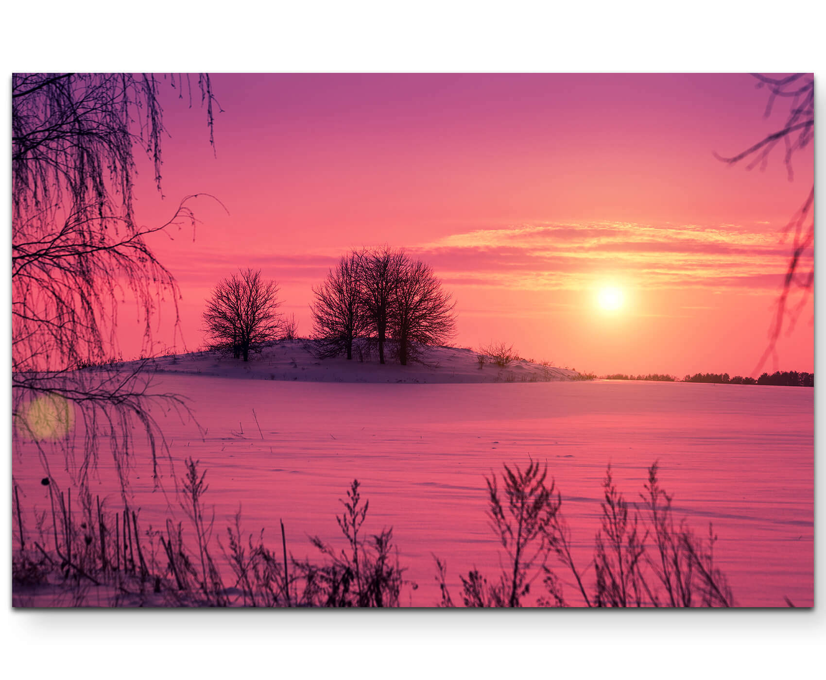 Pinker Sonnenuntergang über schneebedeckten Feldern | Direkt Möbel Leinwandbild 