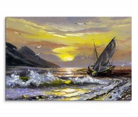 120x80cm Wandbild Meer Berge Segelboot Sonnenuntergang