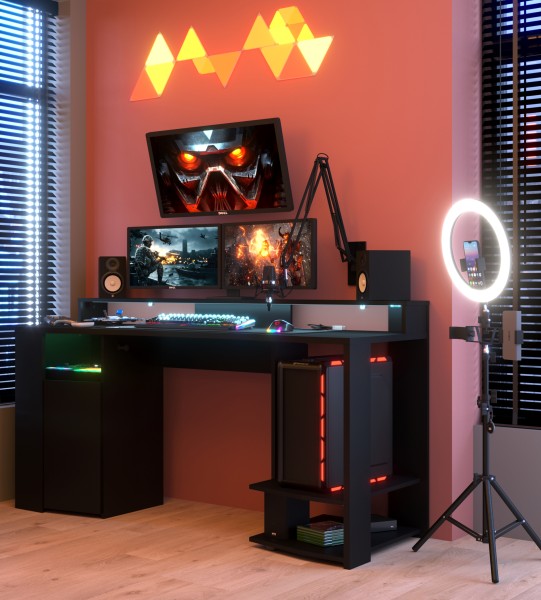 Gamer Tisch Gaming 11 PC Tisch Schreibtisch von Parisot in Schwarz LED Gamingzimmer - Jugendzimmer Kinderzimmer Möbel Teenagerzimmer