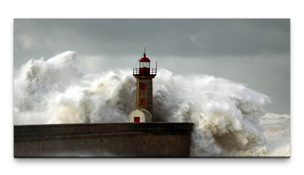 Bilder XXL Leuchtturm bei Seegang 50x100cm Wandbild auf Leinwand